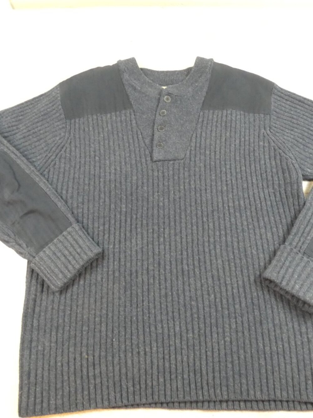 LL Bean Sweater Blue Henley Canvas Patches Merino Lambswool Jumper